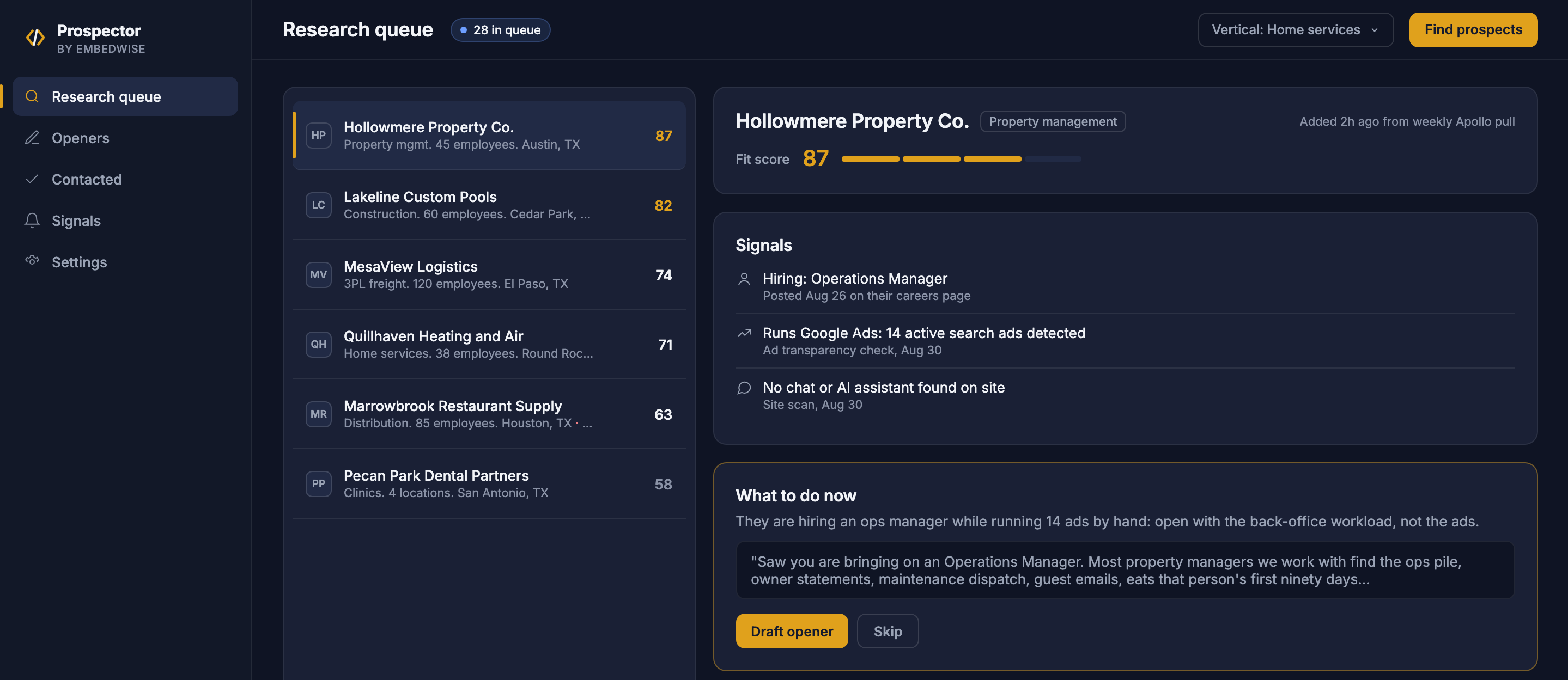Embedwise Prospector research queue with sample data: companies scored for fit, the selected company's signals, and a next-step card with a drafted opener awaiting a person's decision.